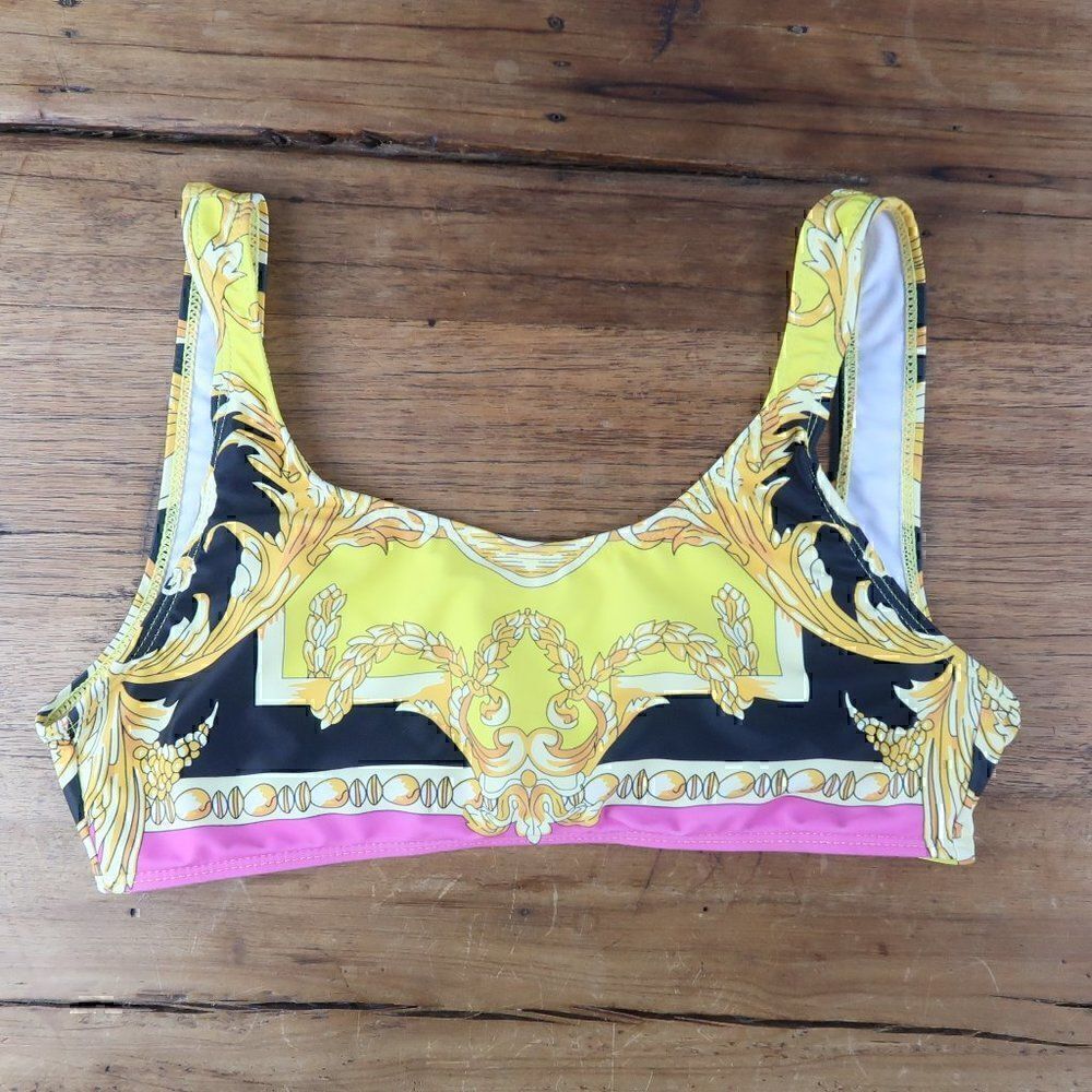 BLACK YELLOW GOLD PINK ORNATE DESIGN CROPPED BIKINI SWIM TOP